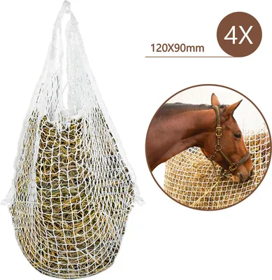 Produktbild von Jiubiaz 4x Heunetz 120 x 90 cm, Maschenweite 3 x 3 cm Heusack, Heuraufe Futternetz, weiß, Extrem reißfest, für Pferden, Schafen, Rindern, Heutasche Füllmenge ca. 9Kg