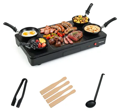 Obrázok produktu pre Elektrický gril COSTWAY, 2v1, stolný gril, elektrická grilovacia doska s grilovacími kliešťami, lyžicou, panvicou, drevenými špachtľami, nepriľnavým povrchom a odkvapkávacou miskou