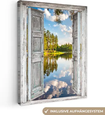 Produktbild von MuchoWow® - Leinwandbilder - Wasser - Landschaft - Fenster - Aussicht, Wandbild, Wanddeko Bilder Wohnzimmer, 90x120 cm