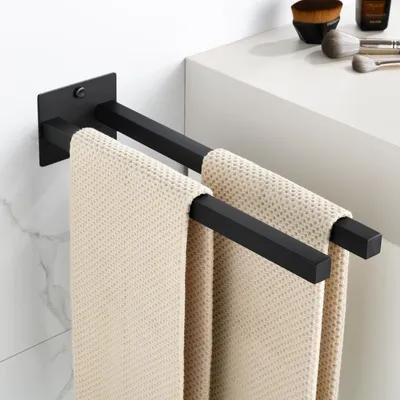 Image de Porte-serviettes noir double 37 cm, autocollant, en acier inoxydable brossé, sans perçage, à deux bras, porte-serviettes mural pour cuisine et salle de bains, porte-serviettes pour invités