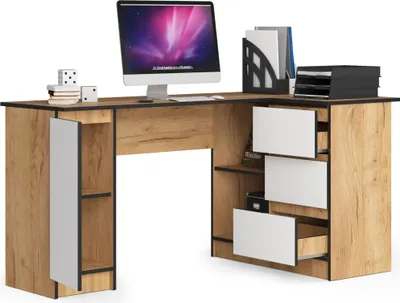 Produktbild von BDW, Eckschreibtisch rechts, 3 Schubladen, 4 Regale, Eiche craft / Weiss