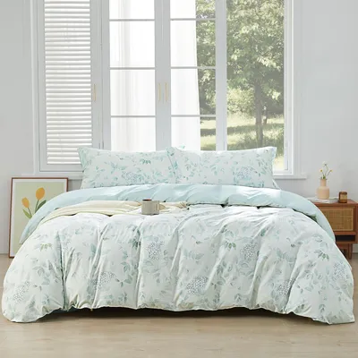 Productafbeelding van Beddengoedset, 3-delig, katoen, blauw, 200x200 cm + 2 kussenslopen van 80x80 cm, met rits, met plantenmotief