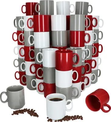 Zdjęcie produktu dla zestaw 72 kubków do kawy Event Trio 250 ml szary czerwony biały sztaplowane