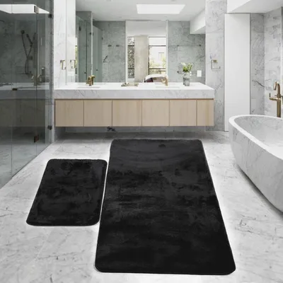 Produktbild von rutschfeste Badematte Badteppich Schwarz, 2er Set (80x150 cm) + (50x80 cm) Relax Plüsch | Duschvorleger Maschinenwaschbar, Schnell Trocknend Badvorleger