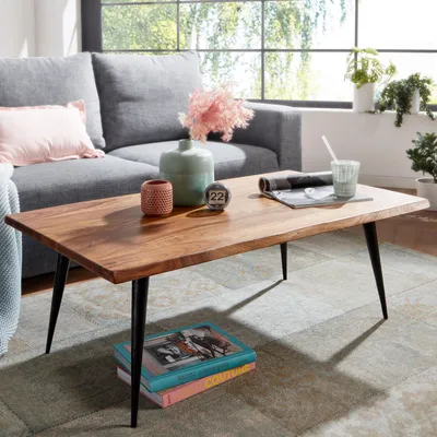 Produktbild von FineBuy Couchtisch Sheesham Massivholz 110 cm rechtckig · Wohnzimmertisch mit natürlicher Baumkante & Metallbeinen · Handgefertigt im Retro Design