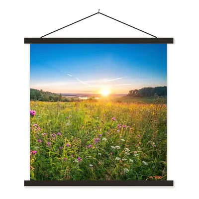 Produktbild von MuchoWow® Textilposter Sonne - Gras - Blumen 120x120 cm mit schwarzem Rahmen - Aufhängungsset