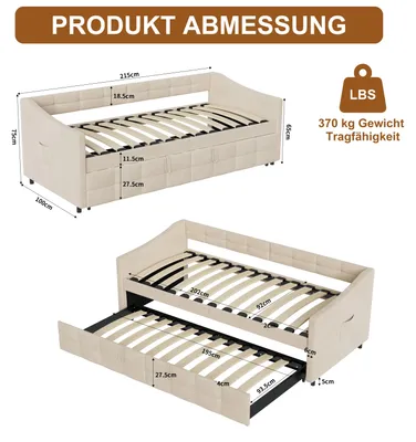 Image de Lit de jour convertible en canapé-lit - 90 x 200 cm - Rembourré - Lit d'appoint - Pour 2 personnes - Avec espace de rangement - Beige