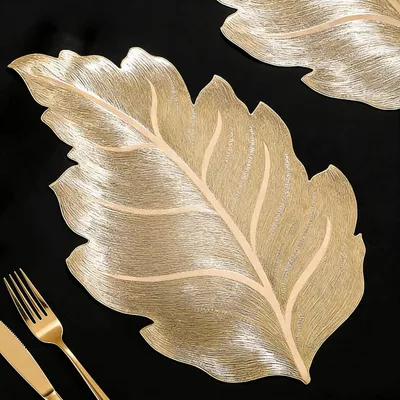 Produktbild von 6 Goldene Blatt Platzsets Abwaschbar 32 cm Tischdeko Tischset