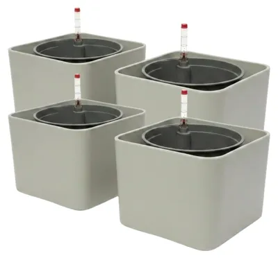 Produktbild von Leni KALEA cube Hydrokultur-Komplettset 4er-Pack 17 cm Würfel Pflanztopf mit Kulturtopf und Wasserstandsanzeiger Kieselgrau grau matt wasserdicht selbstbewässernd