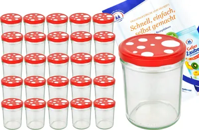 Zdjęcie produktu dla zestaw 25 kubków o pojemności 435 ml To 82 z pokrywką w kształcie muchomora, czerwone, białe kropki, w tym książeczka z przepisami w kształcie diamentu
