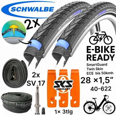 Produktbild von 2x Schwalbe Marathon Plus 28" x 1,5" (40-622) Reifen, SKS Reifenheber, Schläuche SV 17 Set
