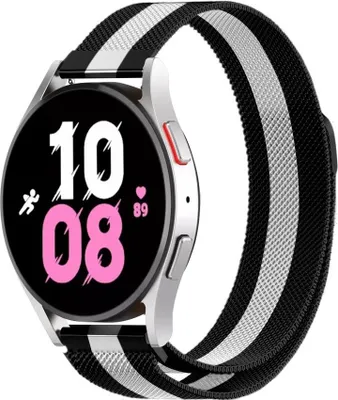 Produktbild von Strap-it Milanese Armband - Kompatibel mit Samsung Galaxy Watch 5 Armband 44mm Edelstahl Ersatzarmband mit Magnetverschluss - Hochwertiges Material - für Samsung Galaxy Armband Schwarz / Weiß