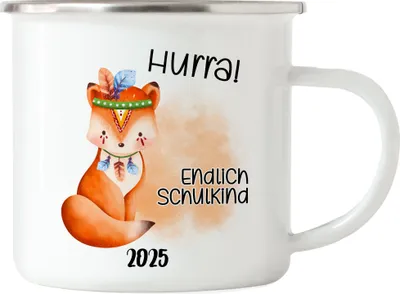 Produktbild von Endlich Schulkind 2025 Fuchs Emaille Tasse Schuleinführung Sohn Tochter Geschenk Schulanfang Erstklässler