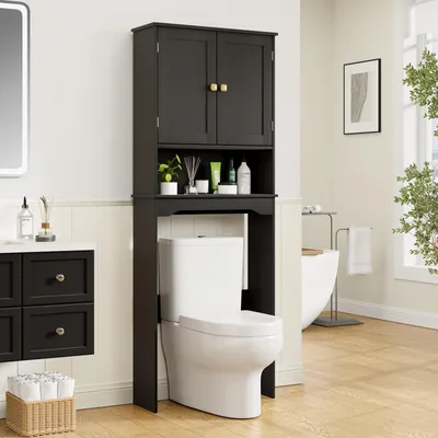 Toilettenregal über der Toilette, 63x23x167 cm, schwarz, 2 Böden