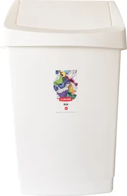 A white Curver bin with a colorful sticker on the front.