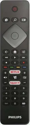 A black Philips TV remote control is shown against a light gray background.
