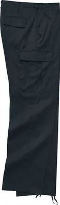 A pair of black cargo pants shown from the side.
