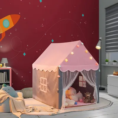 Produktbild von GOPLUS Kinderhauszelt, Spielzelt mit Netzfenster, Großem Raum, Stern-Lichterkette, Baumwollmatte, Gaze-Vorhänge, Klappzelt für Drinnen und Draußen