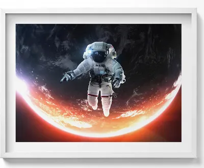 Produktbild von Astronaut im Weltraum– Wandbild mit Rahmen – Gerahmtes Bild  – Wanddekoration – 80x60 cm –  Weiß Rahmen