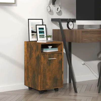 A small wooden cabinet with wheels is placed next to a desk in a home office setting.