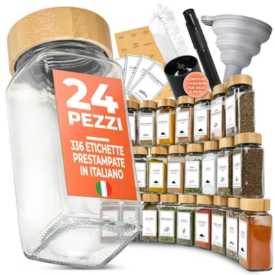 Produktbild von Omgoods – Set mit 24 Glasbehältern für Gewürze, inklusive Etiketten und 2 Mühlen