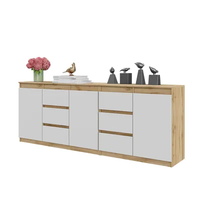 Immagine prodotto di Kommode 200 Cm – Rovere Wotan / Bianco Opaco, 6 Cassetti, 3 Porte, 3 Ripiani, Set Di Due Kommode, Per Soggiorno