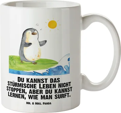 Produktbild von Mr. & Mrs. Panda Pott Pinguin Surfer - Weiß - Geschenk, Portugal, steingut tasse, Urlaub, Hawaii, Haferl, weisse, Motiviert, Jumbo, Optimistisch, jumbotasse, Teebecher