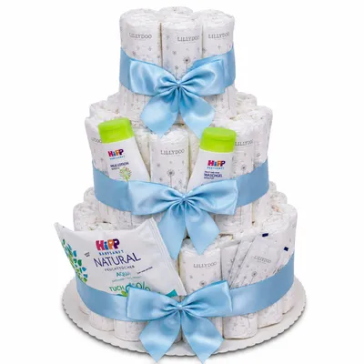 Produktbild von MilaBoo® Windeltorte 3-stöckig blau – großes Babygeschenk für Jungen zur Geburt, Babyparty & Taufe mit Windeln & Pflegeprodukten