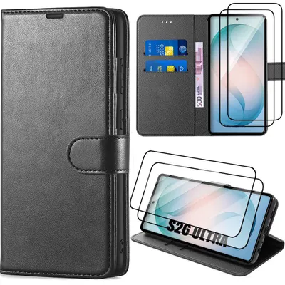 Image de Coque + 2 Verres Trempés pour Samsung Galaxy S26 Ultra, Protection Antichoc Anti-Rayures Cuir Synthétique - Noir
