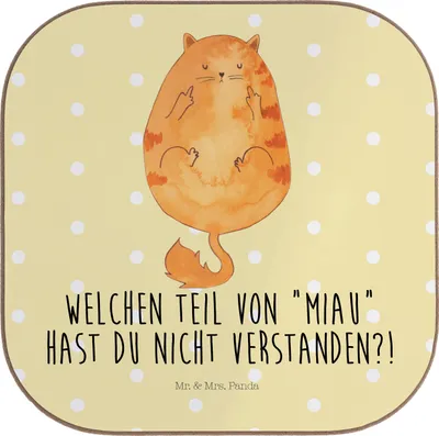 Produktbild von Mr. & Mrs. Panda Tischuntersetzer Katze Mittelfinger - Gelb Pastell - Geschenk, Cat, Coaster, Katzen, Holzuntersetzer, Untersetzer Glas, Tischschoner, Kater, für Gläser