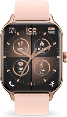 A close-up of a smartwatch with a pink band and gold casing, displaying various health and fitness metrics on its screen.