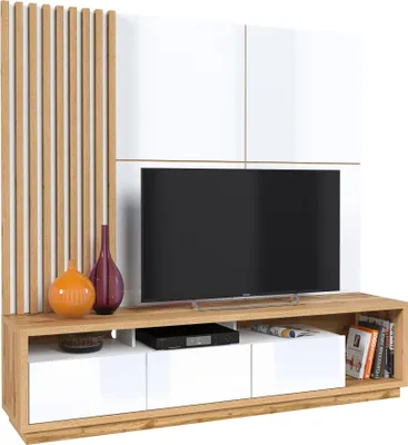 Produktbild von Furniture24 Wohnwand CELINE 09 Lowboard mit Wandpaneel Lamellenwand 3-teilig 200cm Schrankwand Fernsehschrank