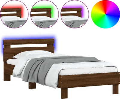 Produktbild von Bettgestell mit Kopfteil und LED-Leuchten Braun Eiche 90x190 cm