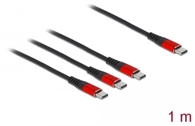 Produktbild von DeLOCK USB Ladekabel 3 in 1 USB Type-C zu 3 x USB Type-C 1 m schwarz / rot, 1 m, USB C, USB 2.0, Schwarz, Rot