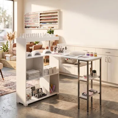Produktbild von Nageltisch Weiß mit integriertem Staubsauger 110x45x80cm, drehbares Aufbewahrungsregal, abgerundete Ecken, MDF für Nagelstudio