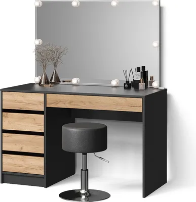 Produktbild von Schminktisch Livinity Imola Anthrazit/Goldkraft Eiche mit LED Beleuchtung und Hocker, Model 53100