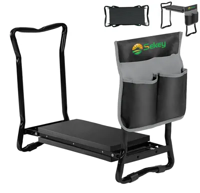 Produktbild von Sekey Höhenverstellbare Kniebank für Gartenarbeit Belastbarkeit 160KG, Gartenhocker Klappbar mit Werkzeugtaschen, Kniehilfe für Gartenarbeiten 60 * 50 * 28 cm, Schwarz (Standard)