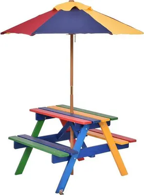 Produktbild von Goplus Kindersitzgruppe für 4 Kleinkinder, Tannenholz, mehrfarbig, mit Sonnenschirm, abgerundeten Kanten, für Garten, Balkon & Strand, 79 x 71 x 52.5 cm, bis 60 kg