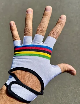 Produktbild von Original Vintage Fahrradhandschuhe weiß mit bunten Streifen, L / 10