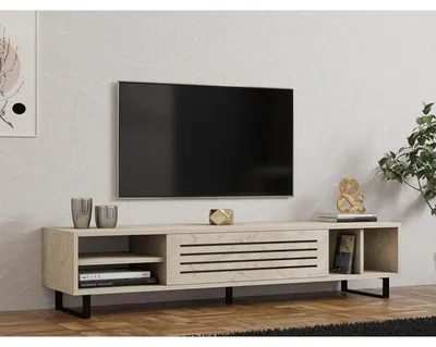 Image de Meuble TV Banc TV en Bois MDF effet travertin - L 160 × P 40 × H 35 cm