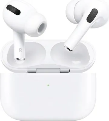 A pair of white wireless earbuds and their charging case are displayed against a white background.