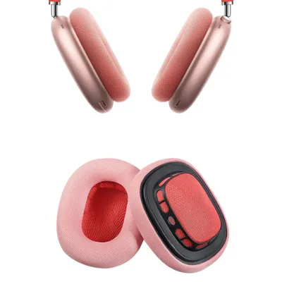 A pair of rose gold colored ear pads for Apple AirPods Max headphones are shown from two different angles against a white background.