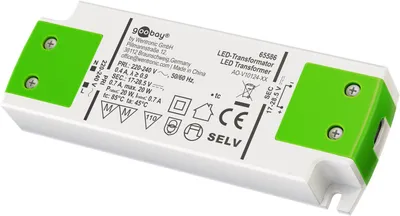 Zdjęcie produktu dla Goobay 65586 Transformator stałoprądowy LED 700 mA, 20 W, biało-zielony - do diod LED o stałym prądzie 700 mA i całkowitym obciążeniu do 20 W w zakresie napięć 17-28,5 V (DC)