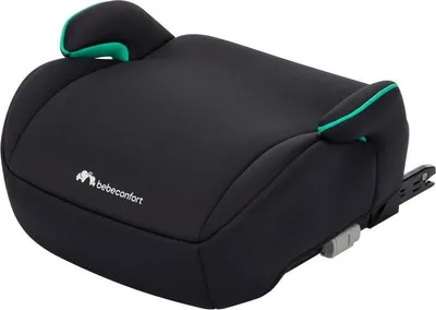 A black car seat booster with green accents on a white background.