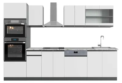 Produktbild von Küchenzeile Vicco R-Line Weiß 300 cm  J-Shape mit Hochschrank, AP Marmor, Model 42910