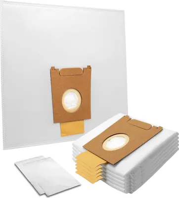 A set of vacuum cleaner bags and a larger vacuum cleaner bag are displayed against a white background.