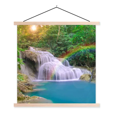Produktbild von MuchoWow® Textilposter Regenbogen - Sonne - Wasserfall - Natur 120x120 cm mit holzfarbenen Rahmen - Textil-Poster