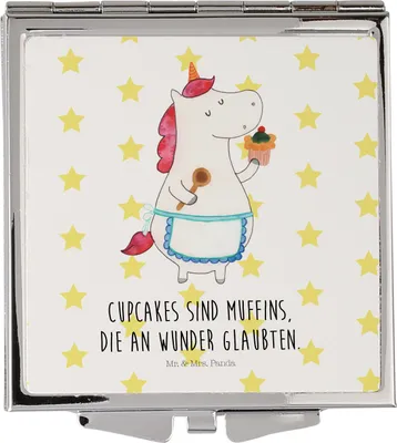 Produktbild von Mr. & Mrs. Panda Schminkspiegel Einhorn Küche - Weiß - Geschenk, Unicorn, Muffin, Kleiner Spiegel, Einhörner, Kuchen, Träumen, Kosmetikspiegel, klein, Torte, Handspiegel