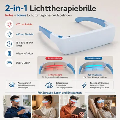 Produktbild von Lichtbrille Rot & Blau 670/480nm – UV-frei, 3 Timer, Akku | Für Augenwohl & Tagesrhythmus