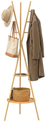 Image de Porte-manteau autoportant - Étagère à vêtements - 9 crochets - Bambou - Montage requis - Beige